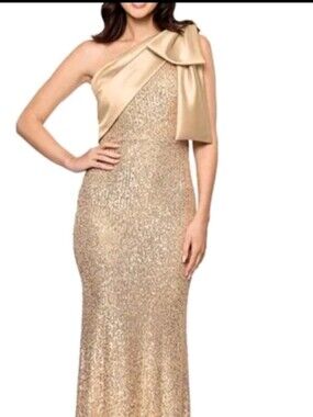 Betsy & Adam One-Shoulder Gold Sequin Gown with Satin Bow